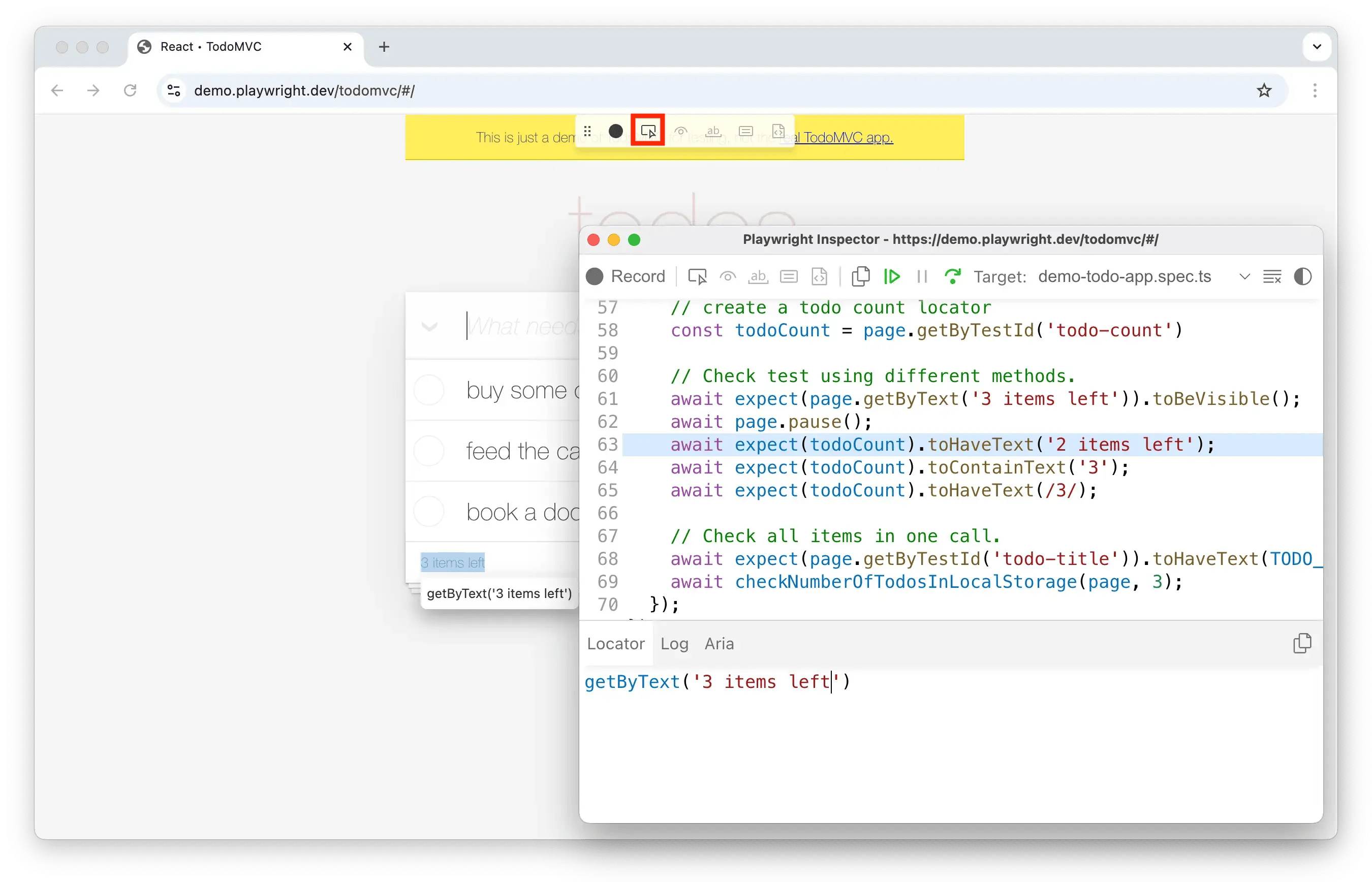 Выбор локатора в Playwright Inspector