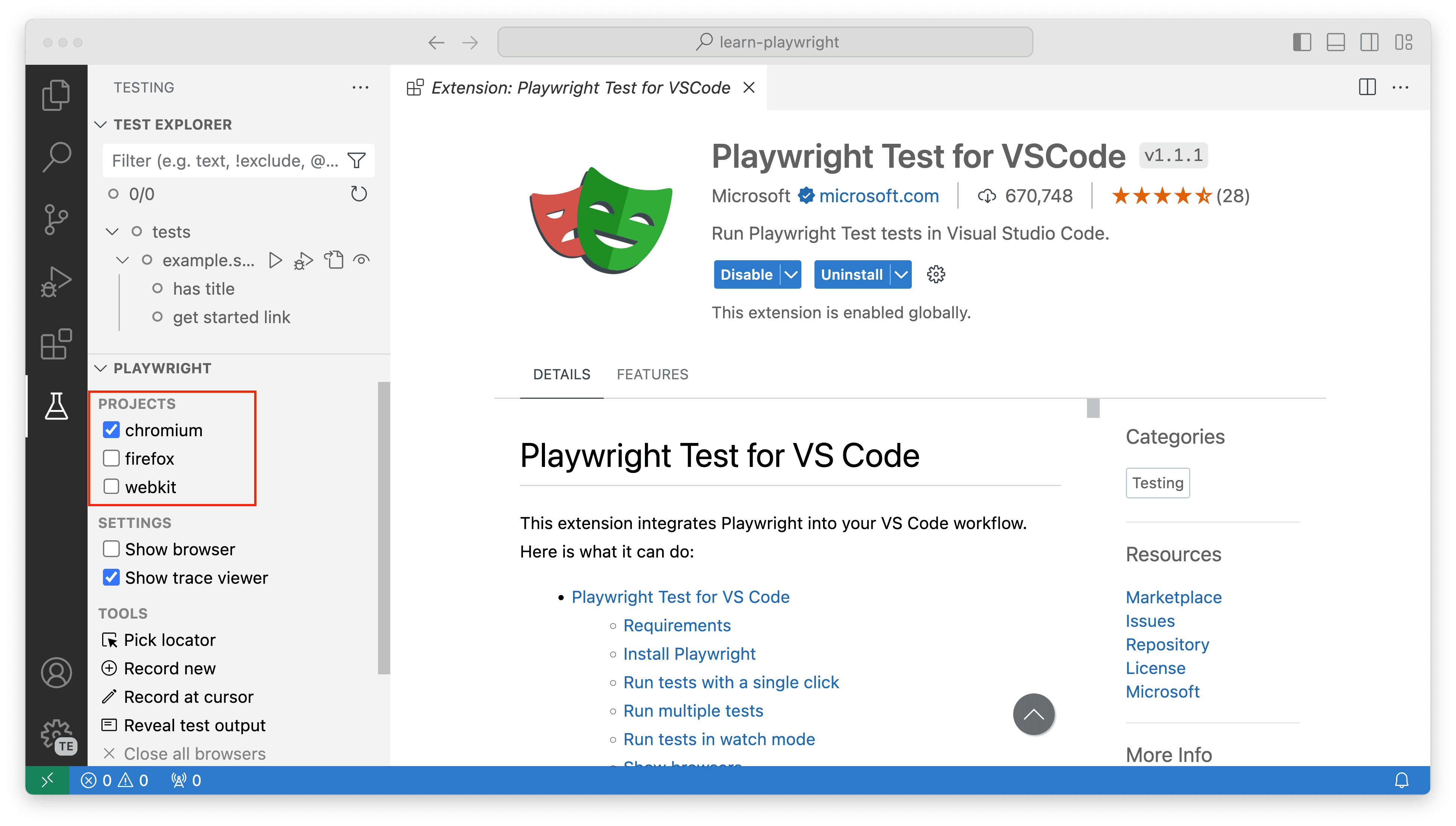 Раздел Projects в расширении для VS Code